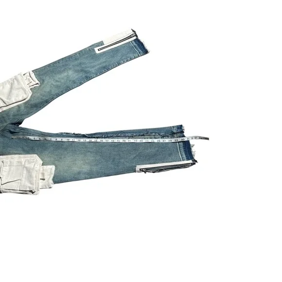 MNML M1 Stretch Denim Cargo Jeans Blue Zipper Distressed Men Size 33 Cargo